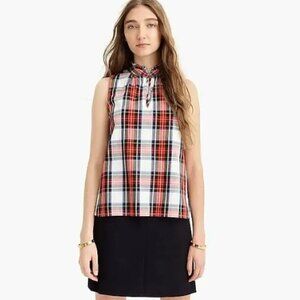 J. Crew Red Navy Stewart Tartan Plaid Ruffle-Neck Sleeveless Top sz 0 Christmas
